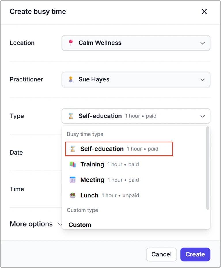 The new type appears in the Busy time type menu in the calendar.