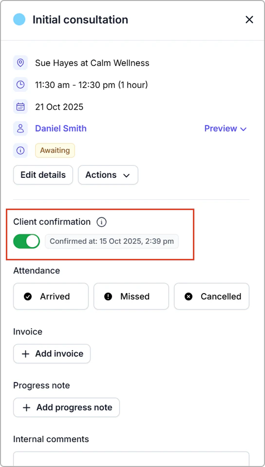 Appointment panel showing a confirmed appointment.