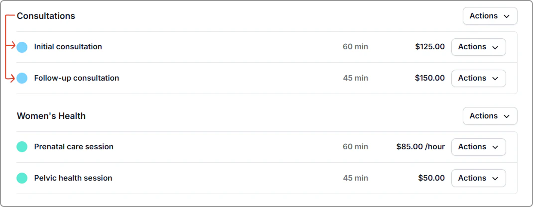 Services list using the Consultations category color (blue).