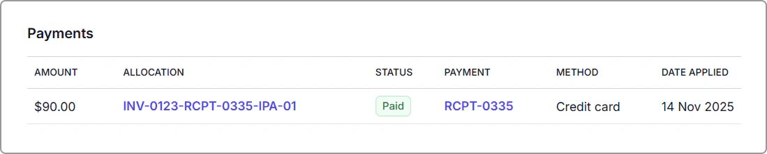 The invoice’s Payments section shows the applied payment and the allocation number.