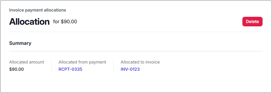 The Allocation screen displays the allocated amount, allocated from payment, and allocated to invoice.