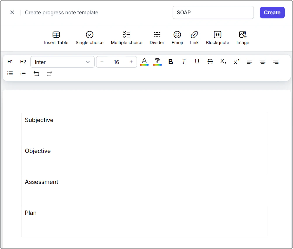 Example of a SOAP note template.