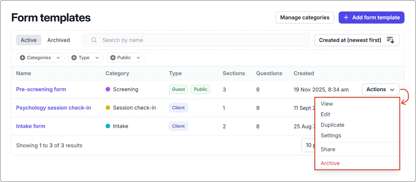 Shows where to view, edit, duplicate, open settings, share an intake form, or archive a form template.