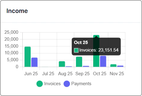 Income chart on the Dashboard showing monthly invoices and payments.