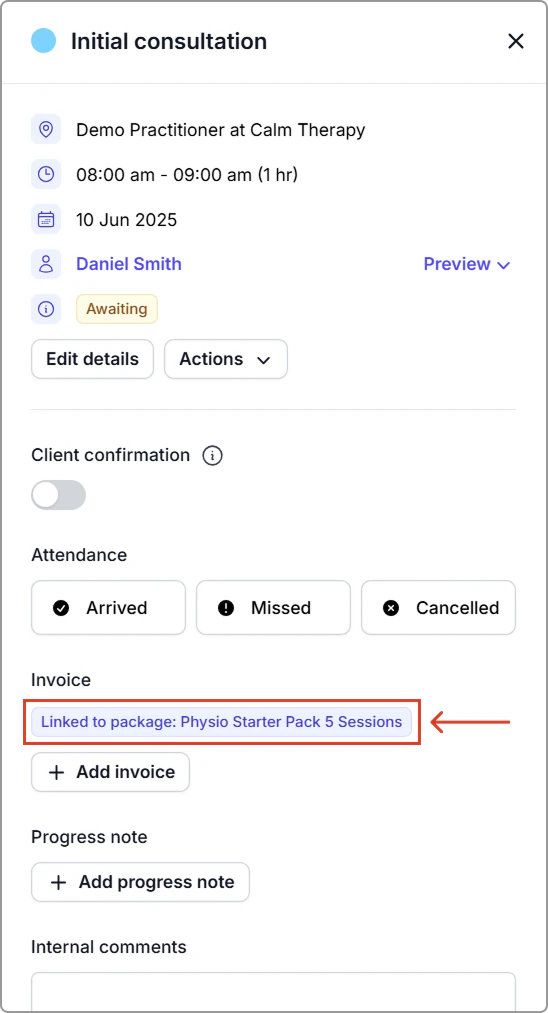 Appointment panel showing Linked package: Physio Starter Pack (5 sessions).