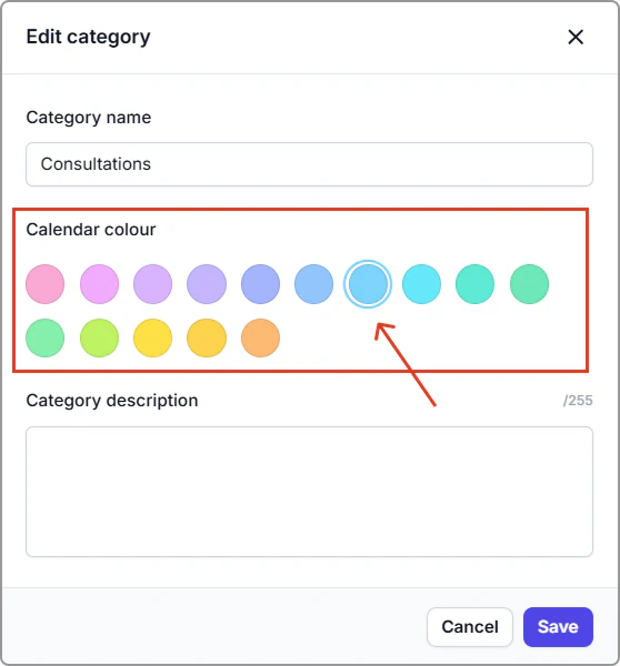 Edit category with the colour picker (blue selected).