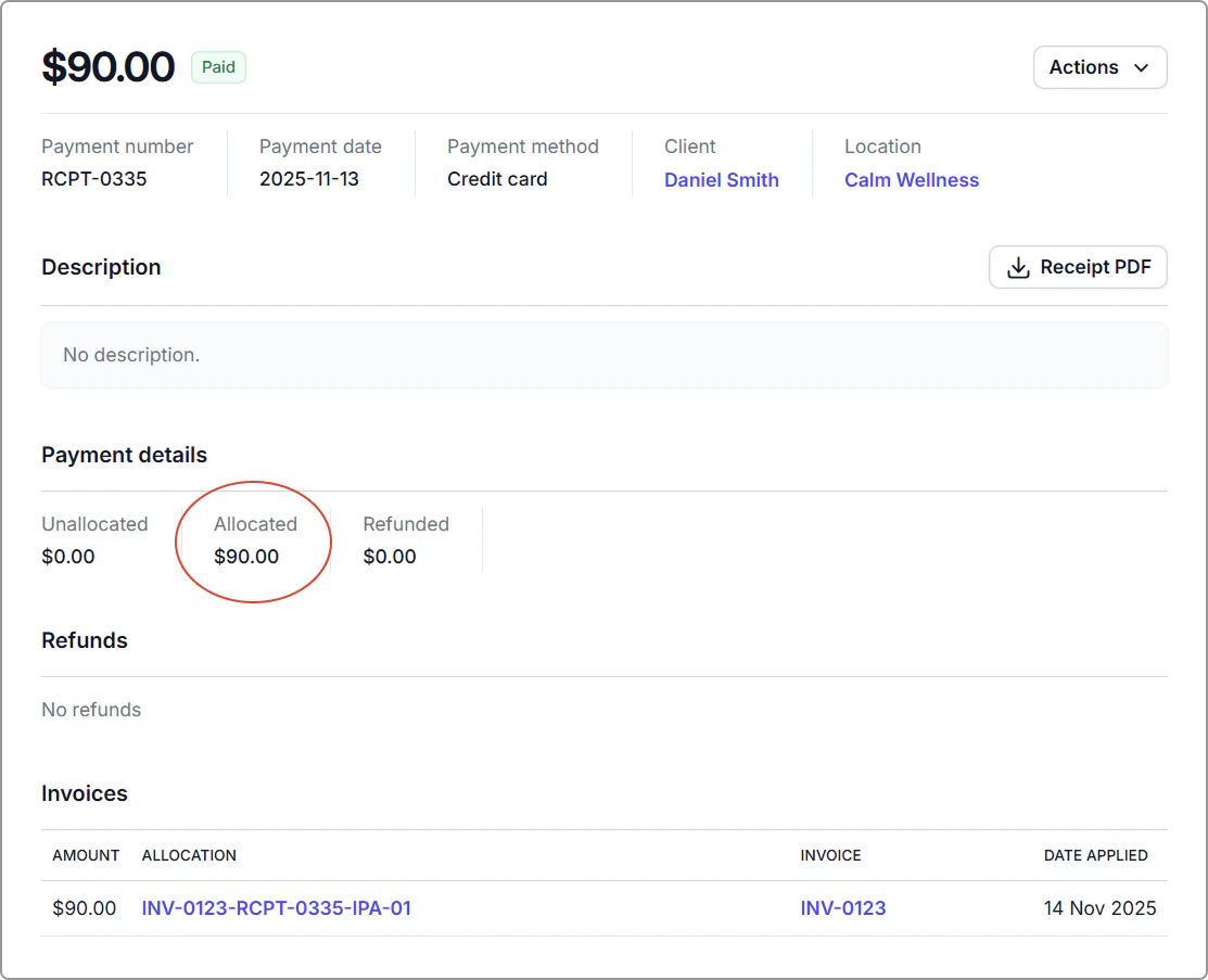 The payment record shows the amount marked as Allocated and lists the invoices it was applied to.