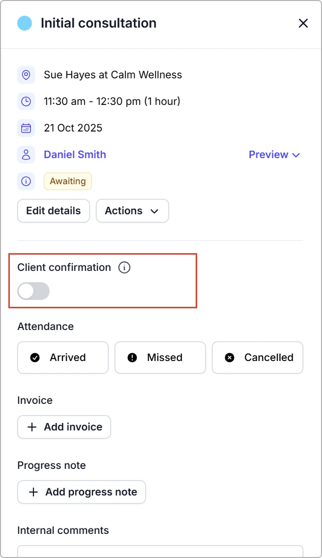 Client appointment not confirmed.