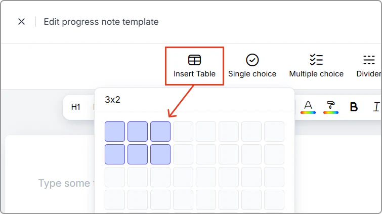 Example: Selecting rows and columns when inserting a table.