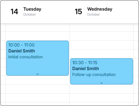 Calendar events using the Consultations category color (blue).