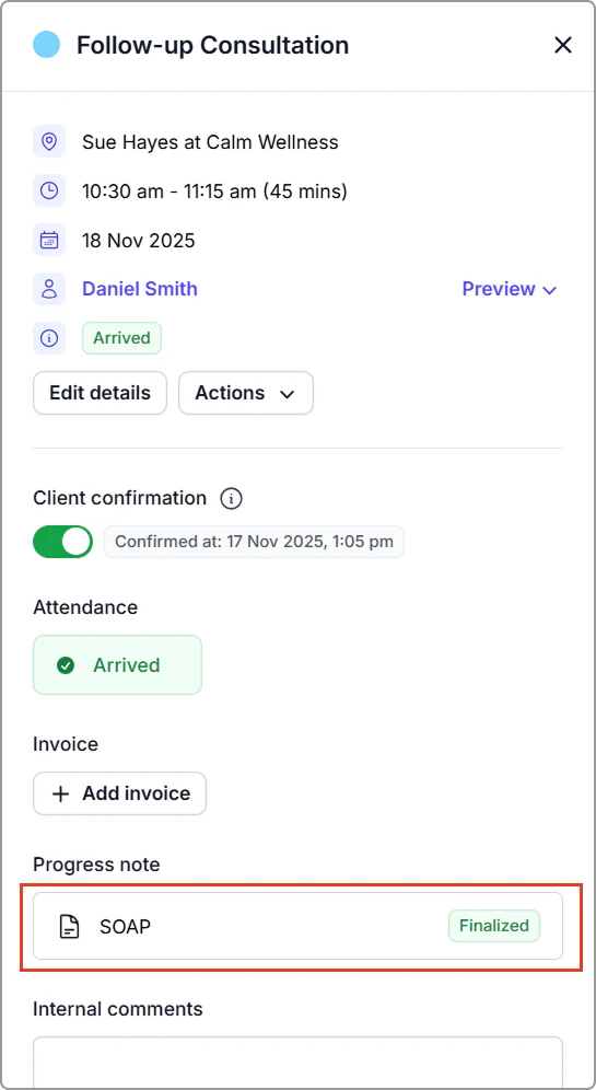A progress note attached to an event will appear in the event details panel.