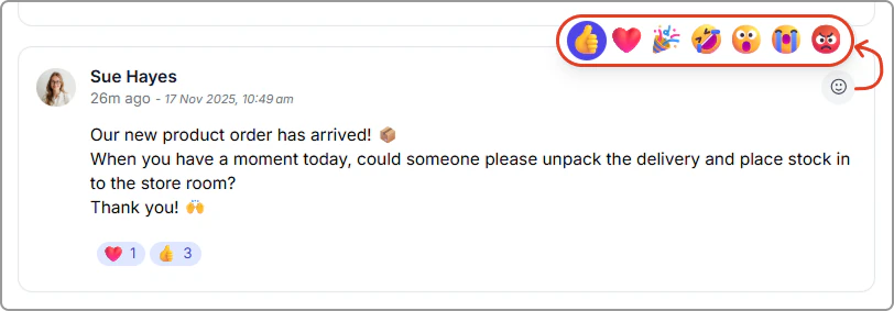 Emoji reactions available on a Noticeboard post.